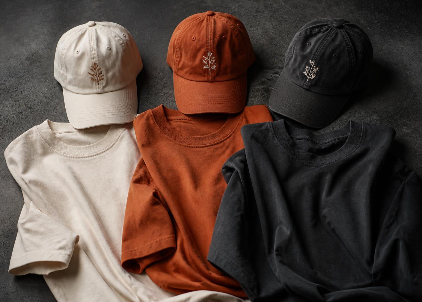 EA hats and heavyweight tees in cream, rust and charcoal